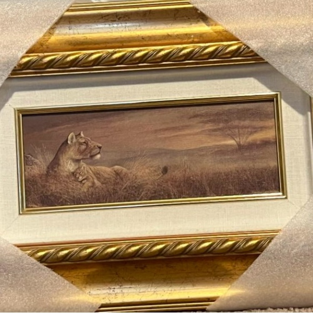 Framed Lioness Art Print with Gold Frame